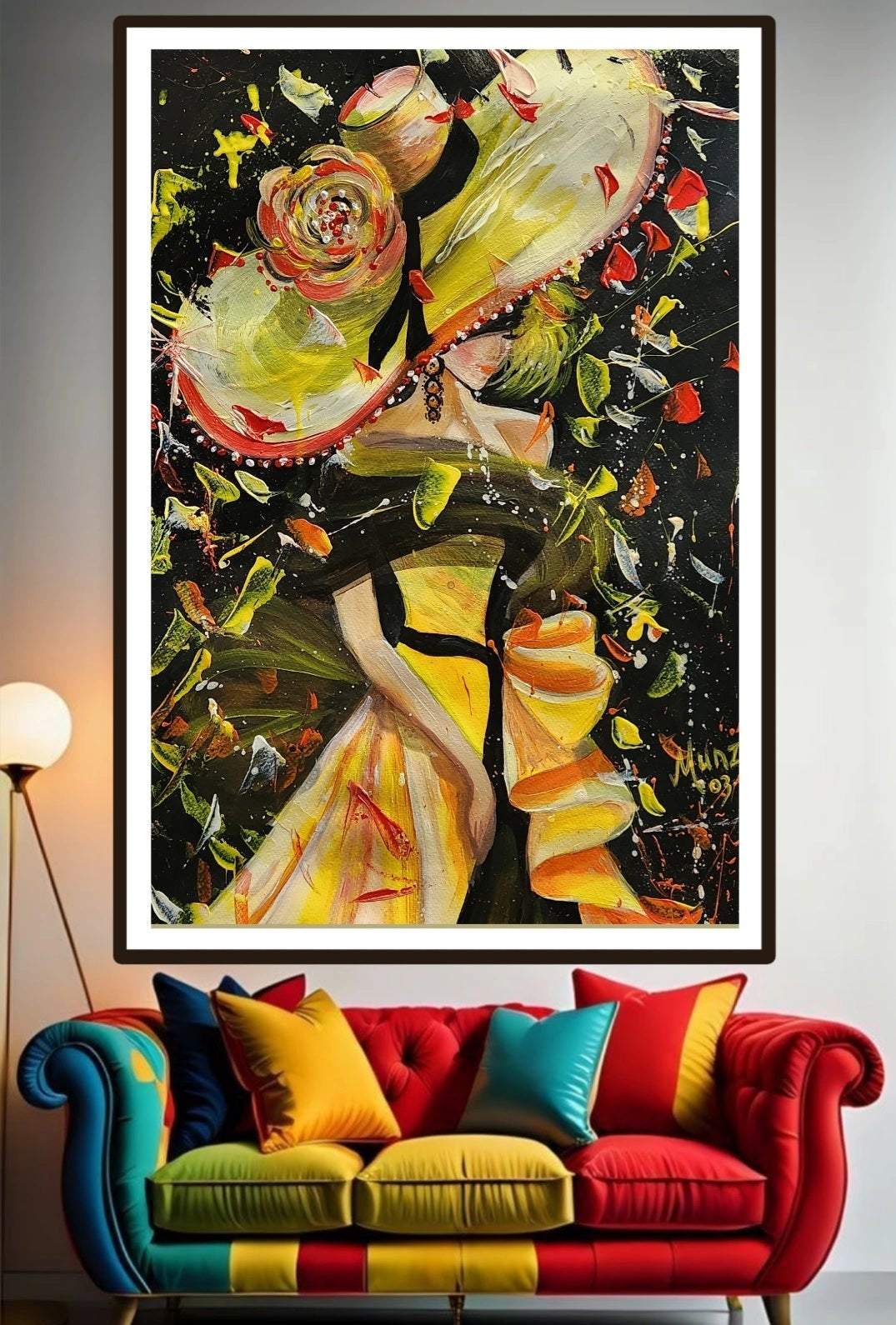 Colorful abstract painting of a woman wearing a big, elegant hat full of movement and golden paint splashes. Great for home or office decor. Wall art to inspire