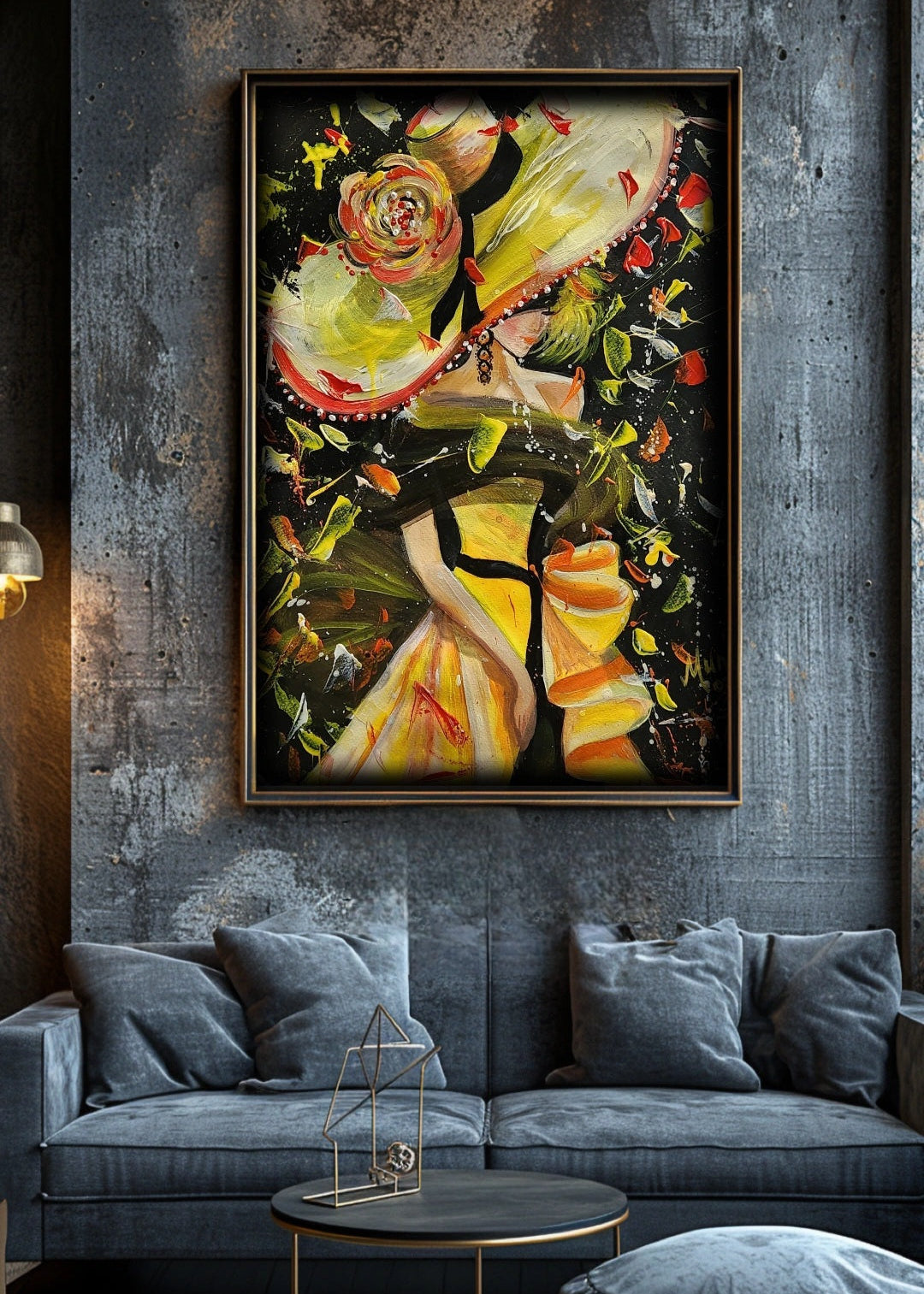 Colorful abstract framed painting of a woman wearing a big, elegant hat full of movement and golden paint splashes on a wall .Great for home or office decor. Wall art to inspire
over a textured wall above a gray sofa.