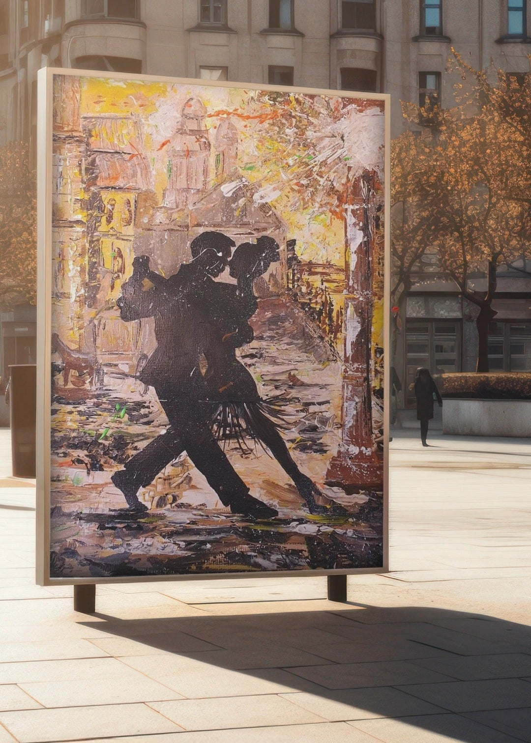 Framed artwork of a couple embracing on a city street. Street Art. The power of dance. embrace woman and man. Dance of love