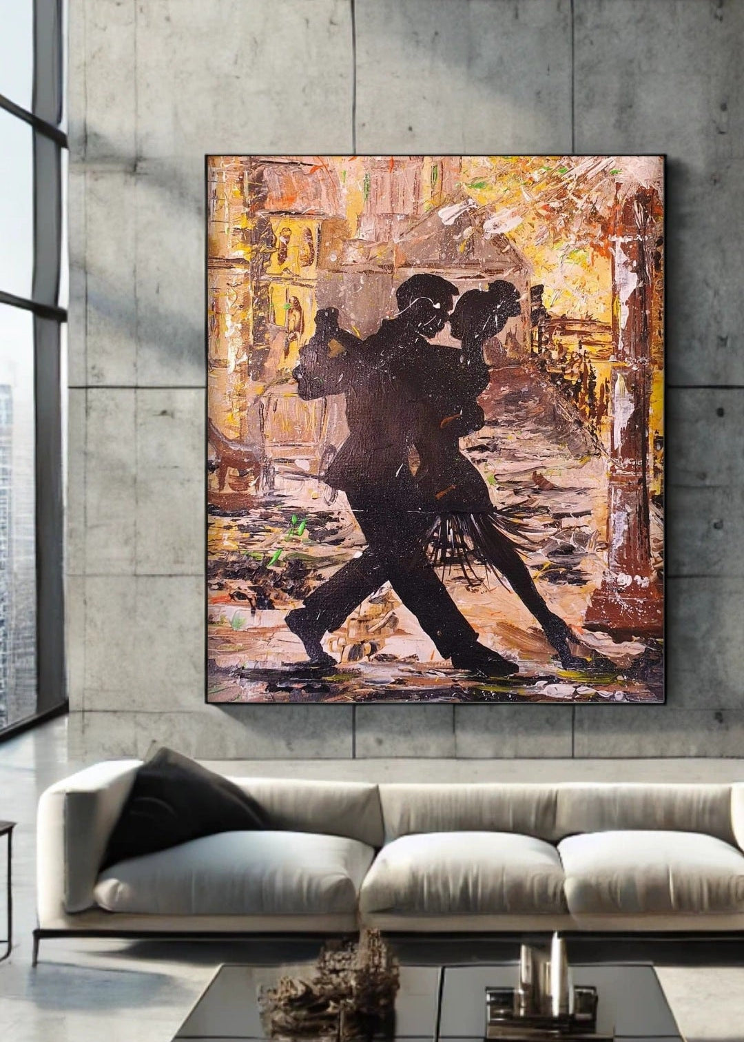 A painting depicting a silhouetted couple dancing under a golden moonlit sky, with a cityscape in the background. Art golden hues. Motion dance. Couples dance. Interior design. Wall art and wall decor. Move in motion.