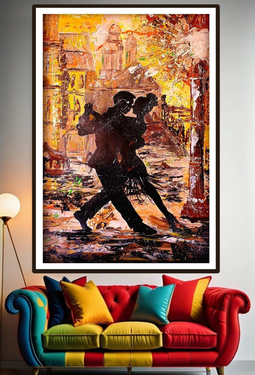 Abstract painting of two dancers on a colorful sofa with multicolored cushions.
abstract painting. Couples dancing. 
Dance of love.
Motion in art. Home decor. Interior design. Wall art.
Golden motion , golden hues.