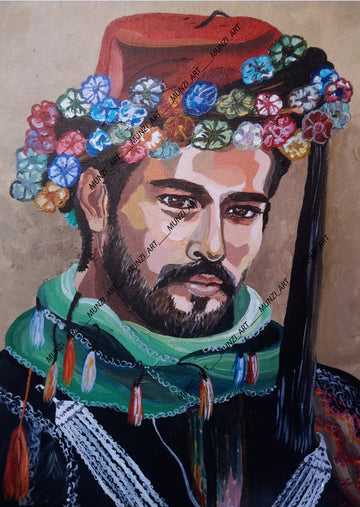 An original painting of a male figure (who looks a lot like Burak Ozcivit) with a red fez adorned with colorful flowers, a green scarf, and intricate embroidery, representing a blend of Anatolian cultural and traditional costume. Artwork themes, wall art, home or office decor.