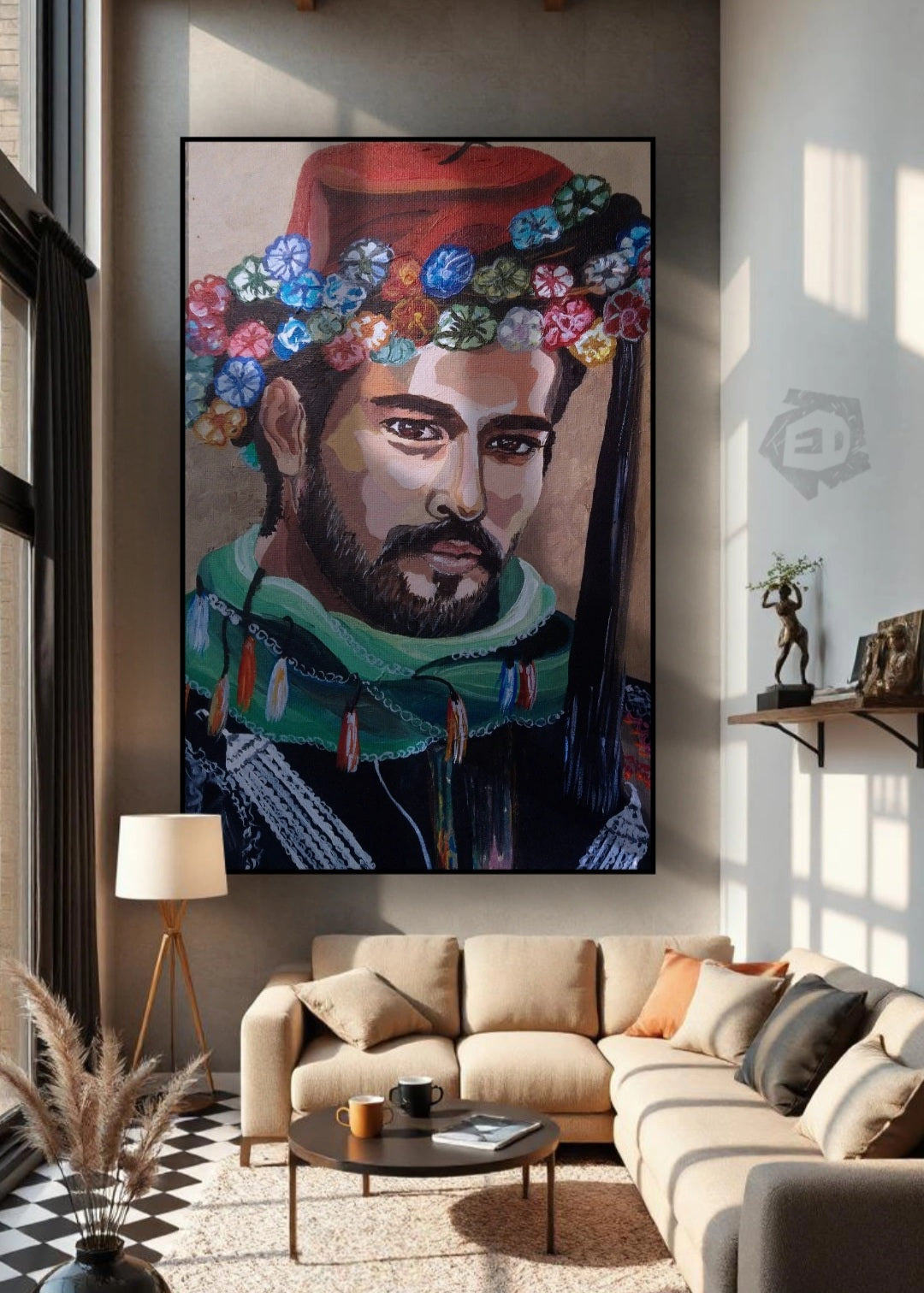 Living room with a large framed portrait of a man with flowers in his hair on the wall. An original painting of a male figure with a red fez adorned with colorful flowers, a green scarf, and intricate embroidery, representing a blend of Anatolian cultural and traditional costume. Artwork themes, wall art, home or office decor.