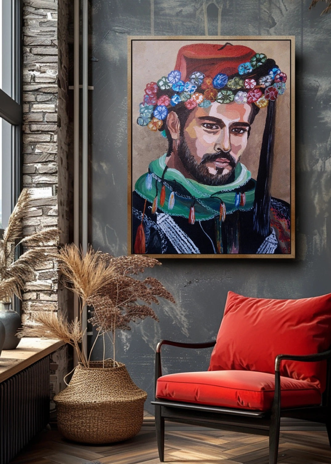 Room interior with a framed portrait of a man with flowers in his hair, a red chair, and decorative elements. An original painting of a male figure (who looks a lot like Burak Ozcivit) with a red fez adorned with colorful flowers, a green scarf, and intricate embroidery, representing a blend of Anatolian cultural and traditional costume. Artwork themes, wall art, home or office decor.