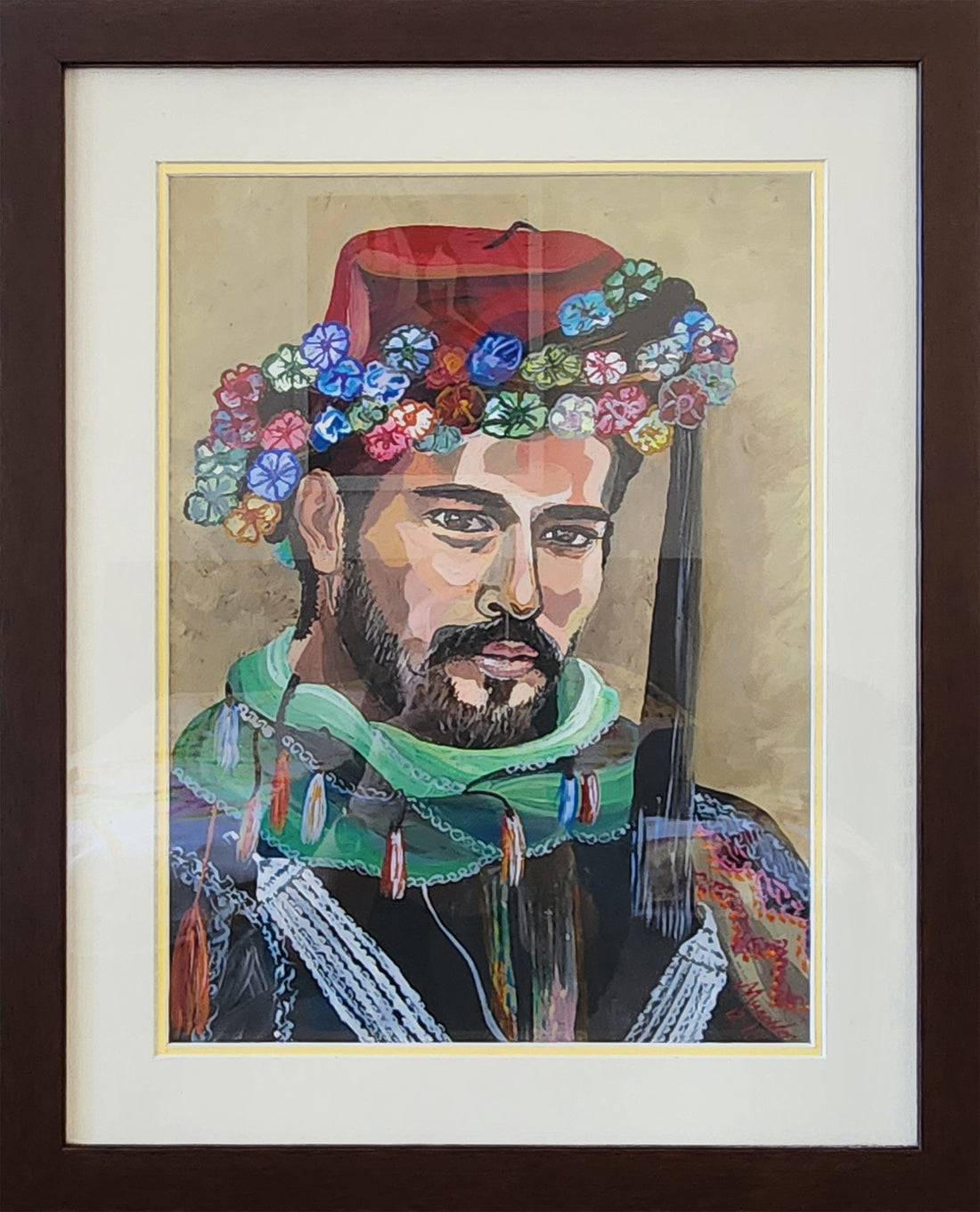An original painting of a male figure (who looks a lot like Burak Ozcivit) with a red fez adorned with colorful flowers, a green scarf, and intricate embroidery, representing a blend of Anatolian cultural and traditional costume. Artwork themes, wall art, home or office decor.