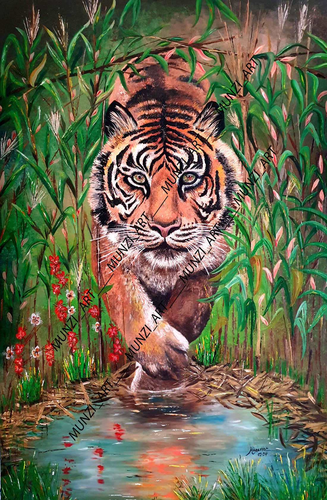 An original painting of a tiger appearing through the bushes slowly crawling for its prey. Advancing with one paw forward and the other paw stepping into a pond. Wall artwork. Home decor. Fine artist.