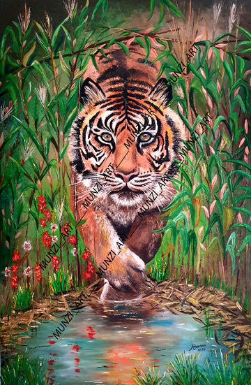 An original painting of a tiger appearing through the bushes slowly crawling for its prey. Advancing with one paw forward and the other paw stepping into a pond. Wall artwork. Home decor. Fine artist.