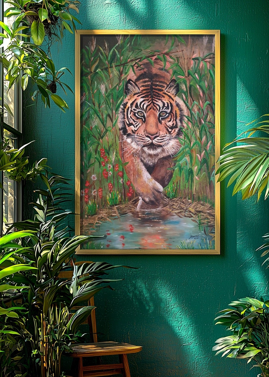 An original painting of a tiger appearing through the bushes slowly crawling for its prey. Advancing with one paw forward and the other paw stepping into a pond. Wall artwork. Home decor. Fine artist.