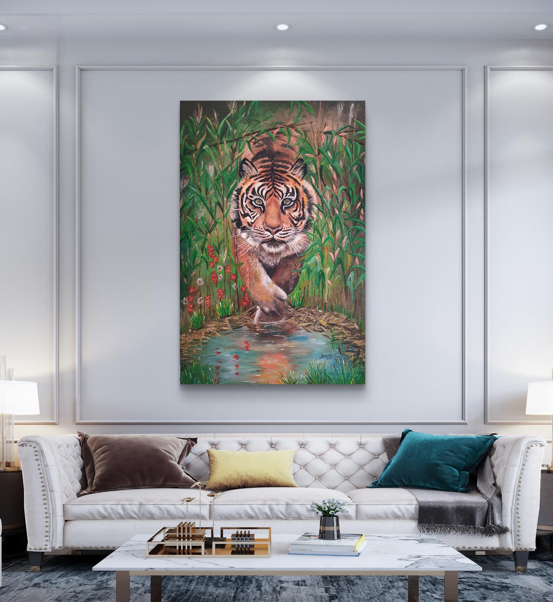 Living room with a large painting of a tiger in a forest on the wall above a sofa. An original painting of a tiger appearing through the bushes slowly crawling for its prey. Advancing with one paw forward and the other paw stepping into a pond. Wall artwork. Home decor. Fine artist.