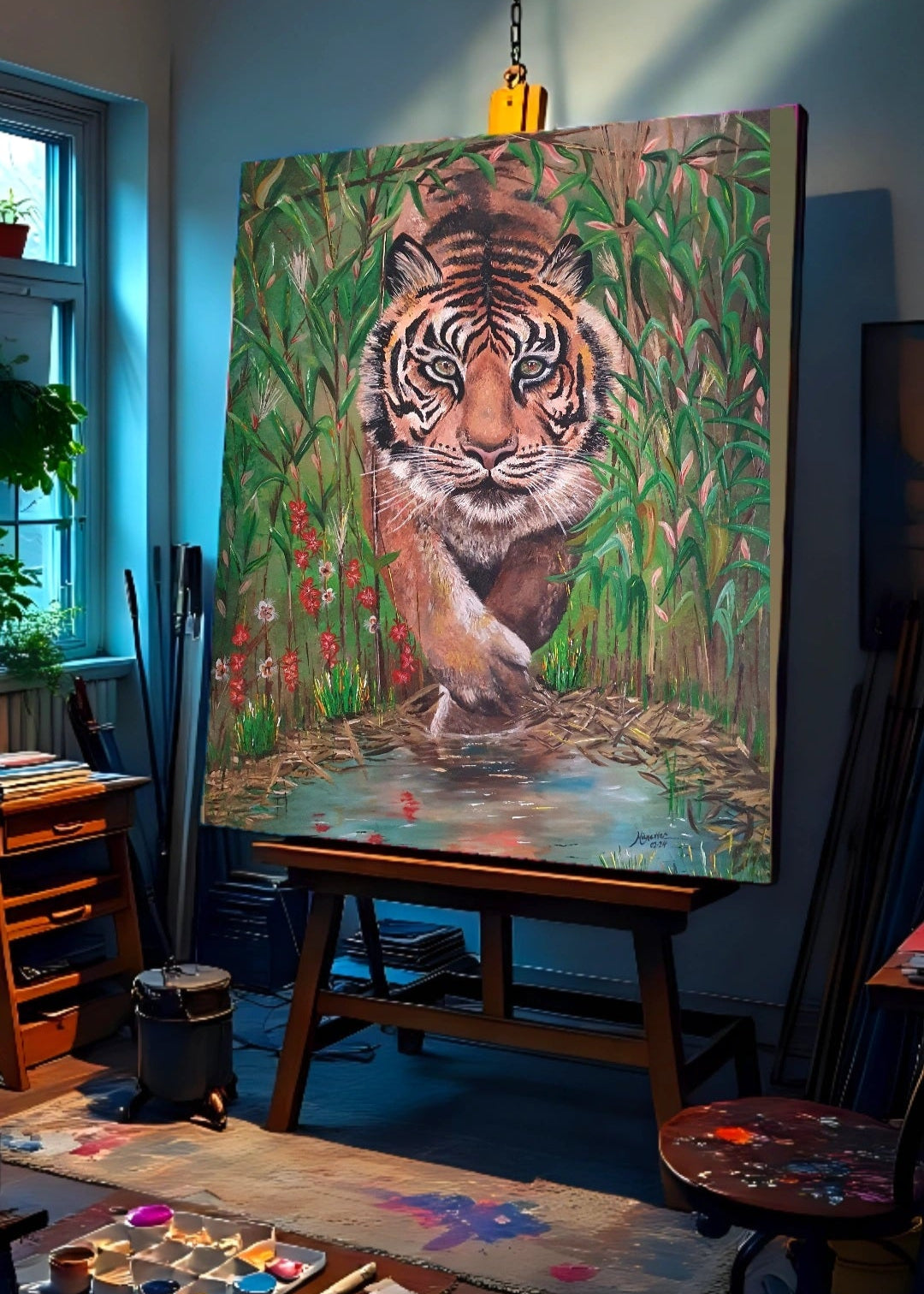Original painting of a tiger on an easel in an art studio setting. The tiger is appearing through the bushes slowly crawling for its prey. Advancing with one paw forward and the other paw stepping into a pond.