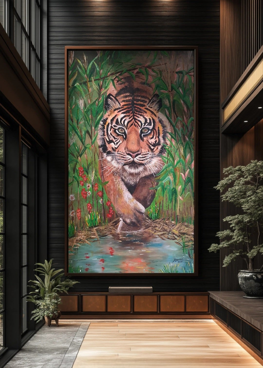 Large painting of a tiger in a natural setting on a wall in a modern interior. An original painting of a tiger appearing through the bushes slowly crawling for its prey. Advancing with one paw forward and the other paw stepping into a pond. Wall artwork. Home decor. Fine artist.