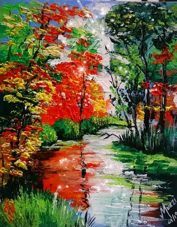 A vibrant artwork featuring abstract landscapes and running water reflections. Colorful abstract painting. Wall art. Art decor for home, office, studio, interior decor. Red and yellow tree foliage, shining sunlight.