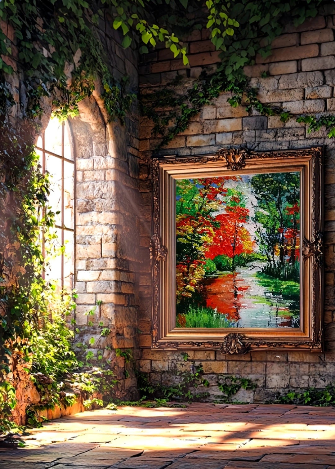 Framed painting on a stone wall with sunlight filtering through. Pebble walkway. A vibrant artwork featuring abstract landscapes and running water reflections. Colorful abstract painting. Wall art. Art decor for home, office, studio, interior decor. Red and yellow tree foliage, shining sunlight.