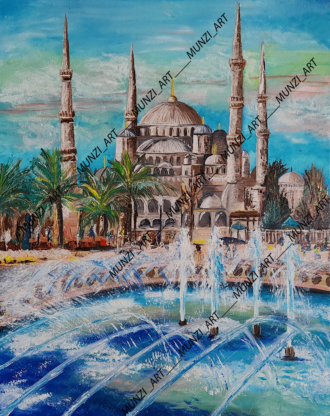 Painting of the Blue Mosque in Istanbul with fountains and palm trees at the front. Wall artwork home decor.