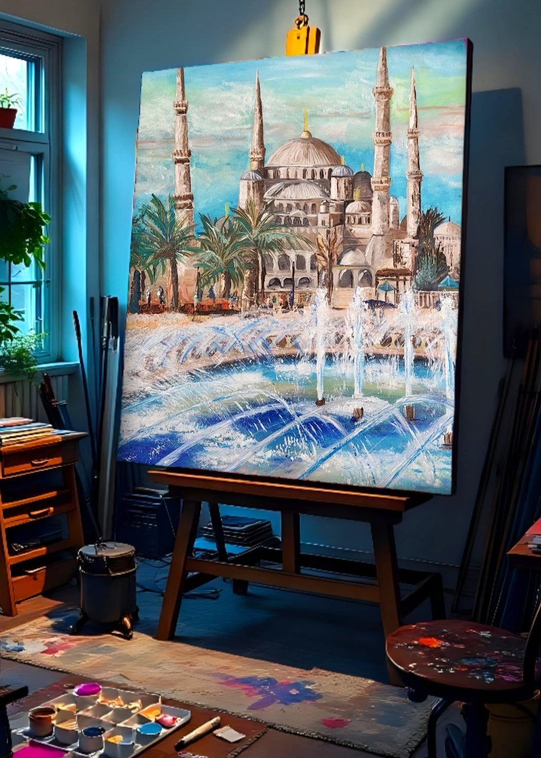 Painting of the Blue Mosque in Istanbul with fountains and palm trees at the front placed on an easel in a painting studio. Wall artwork home decor.