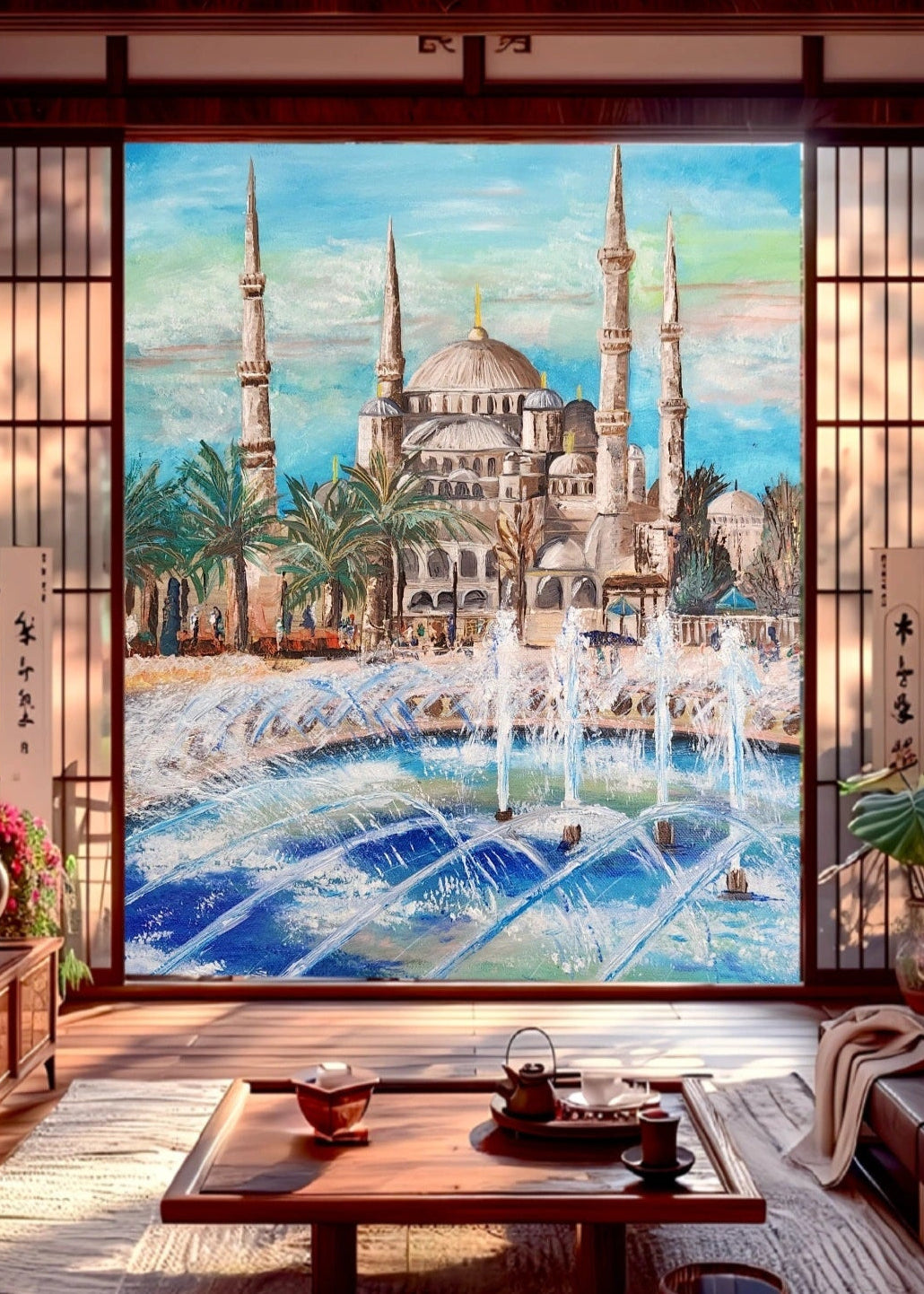 Painting of the Blue Mosque in Istanbul with fountains and palm trees at the front. Wall artwork home decor.