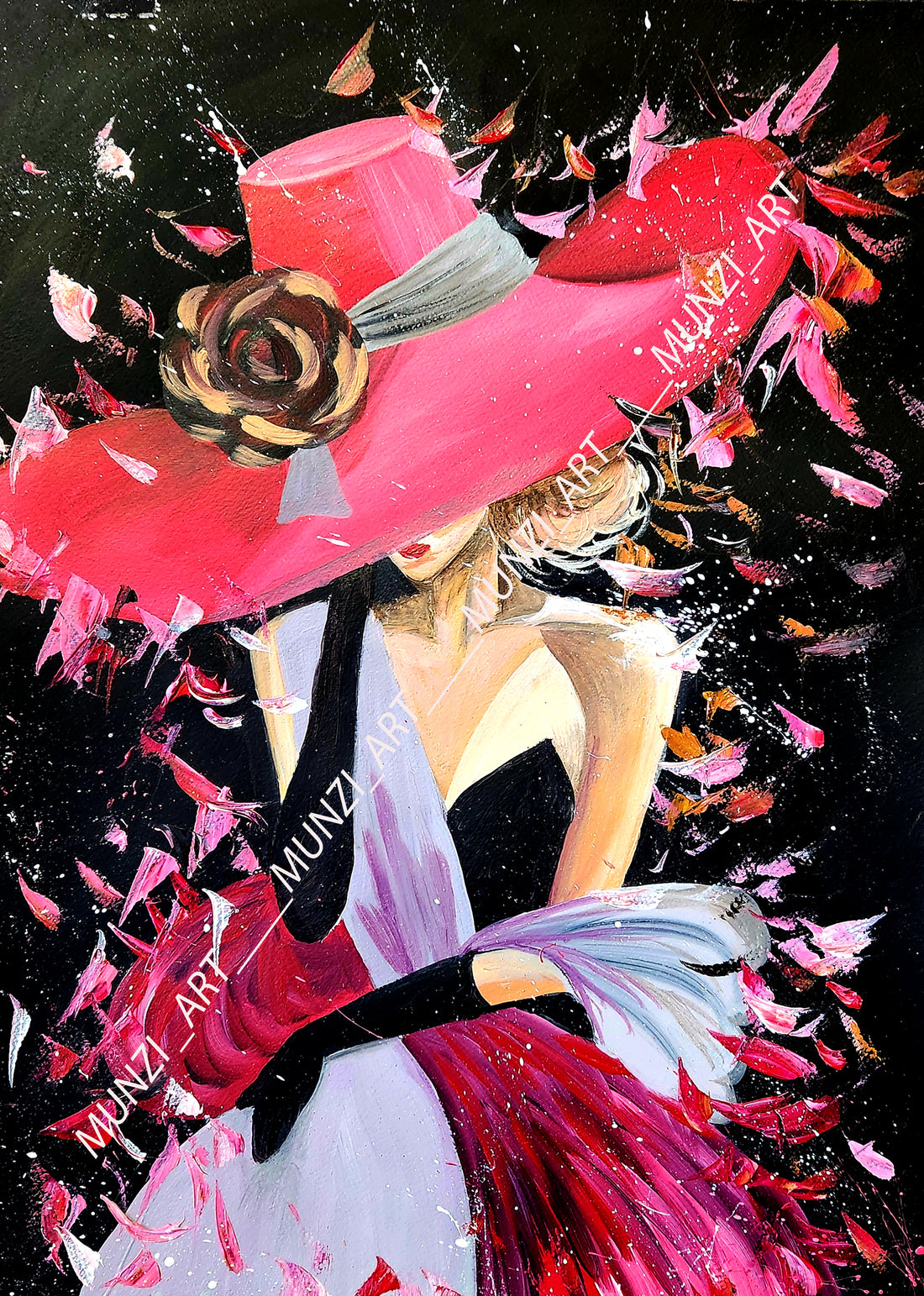 A vibrant artwork of a woman dressed in a crimson hat and dress, with a prominent rose detail, set against a dark background. The artwork utilizes bold brushstrokes, palette knife textures and paint splatters. Home and office decor ideas for wall art.