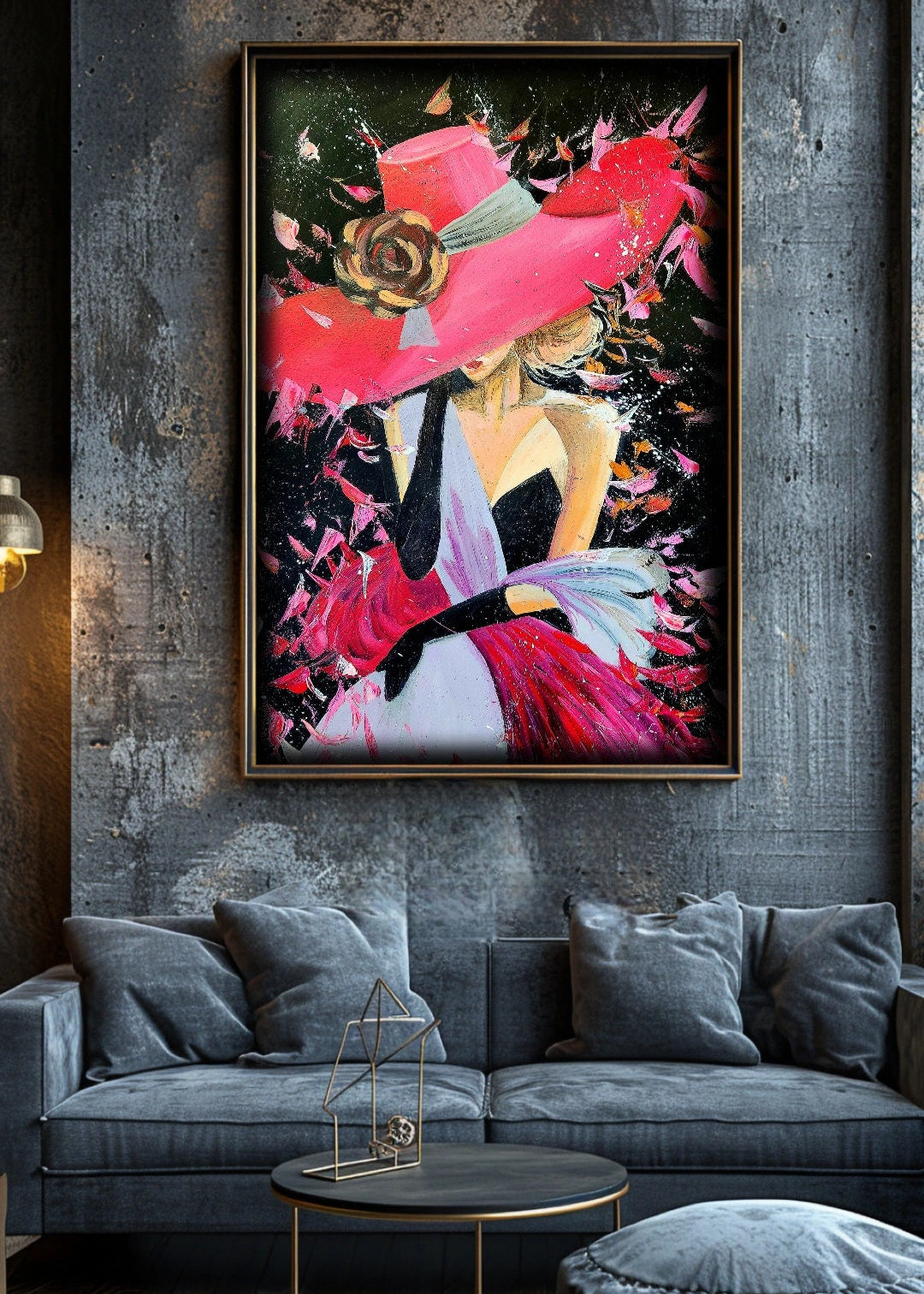 A vibrant artwork of a woman dressed in a crimson hat and dress, with a prominent rose detail, set against a dark background. Home and office decor ideas for wall art over a gray sofa with a dark wall background.