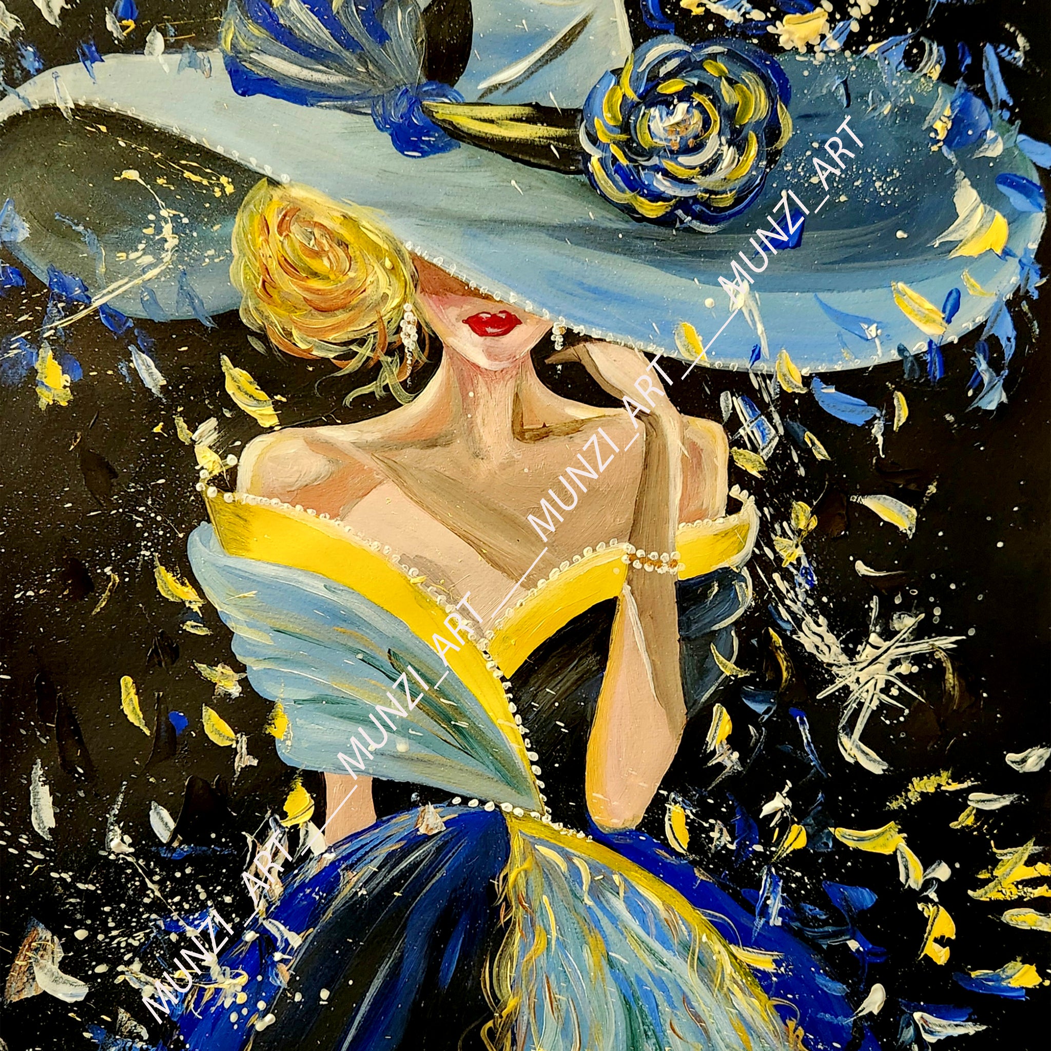 A vibrant painting of a woman dressed in a blue and yellow dress with a wide-brimmed hat, adorned with a rose. The expressive brush strokes, pallet knife and paint splatters. Ideas for home or office decor. Contemporary Art inspirations