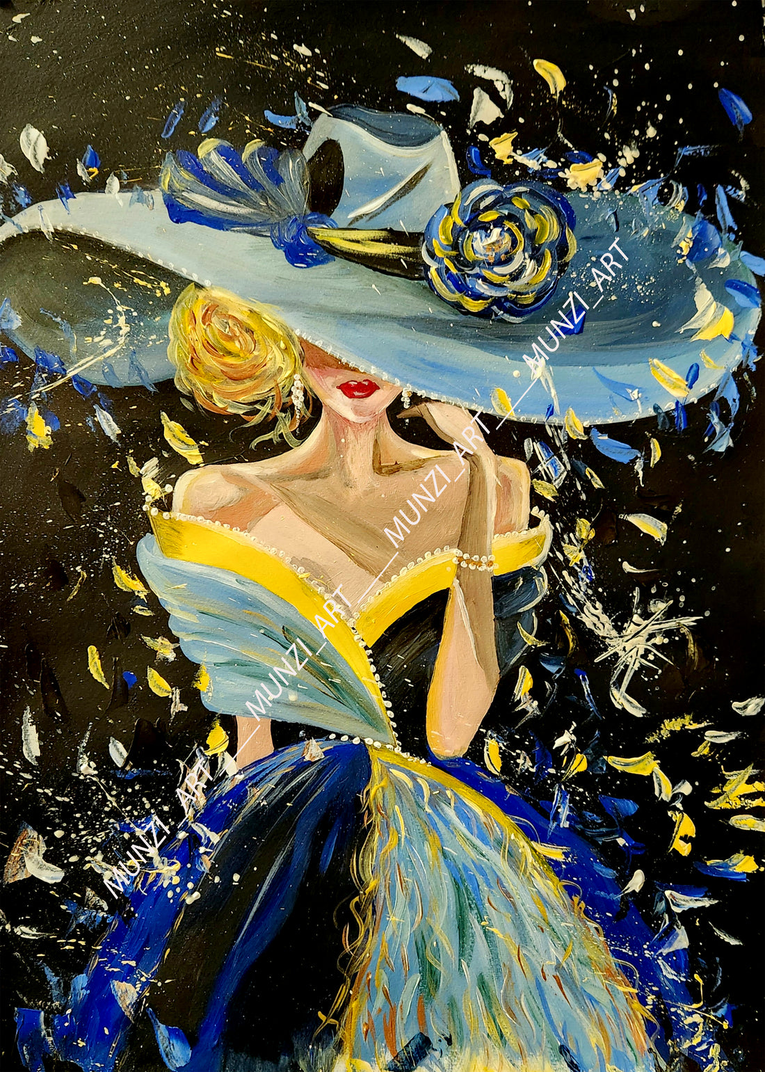 A vibrant painting of a woman dressed in a blue and yellow dress with a wide-brimmed hat, adorned with a rose. The expressive brush strokes, pallet knife and paint splatters. Ideas for home or office decor. Contemporary Art inspirations