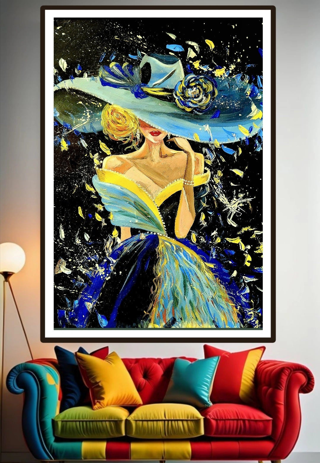 A vibrant painting of a woman dressed in a blue and yellow dress with a wide-brimmed hat, adorned with a rose. The expressive brush strokes, pallet knife and paint splatters. Ideas for home or office decor. Contemporary Art inspirations