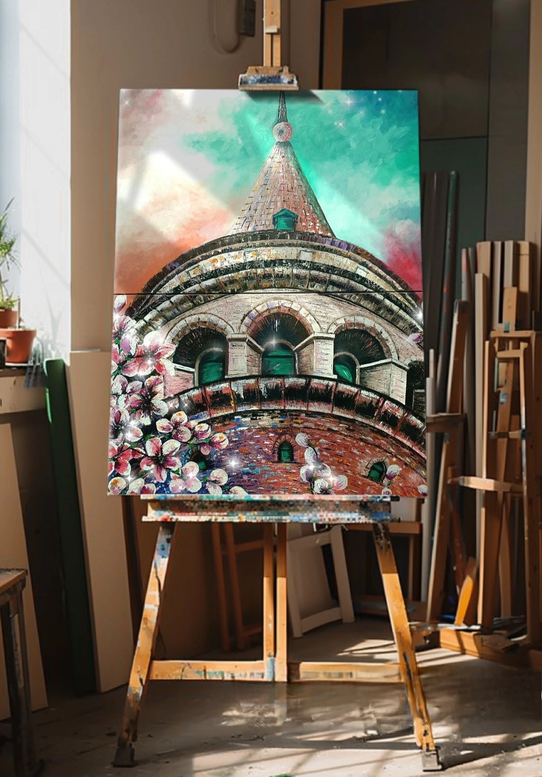 An original painting of The Galata Tower in Istanbul, featuring cherry blossoms and a dramatic sky. Art decor for home and office.
