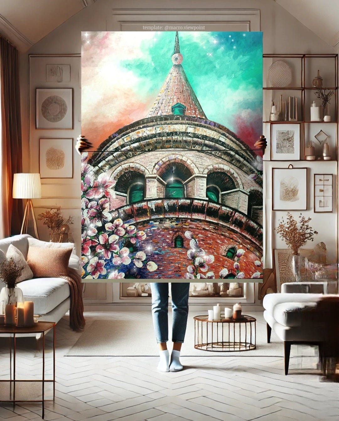 An original painting of The Galata Tower in Istanbul, featuring cherry blossoms and a dramatic sky. Art decor for home and office.