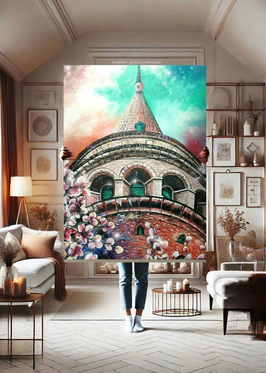 An original painting of The Galata Tower in Istanbul, featuring cherry blossoms and a dramatic sky. Art decor for home and office. Living room with a decorative wall art piece featuring a building and flowers.
