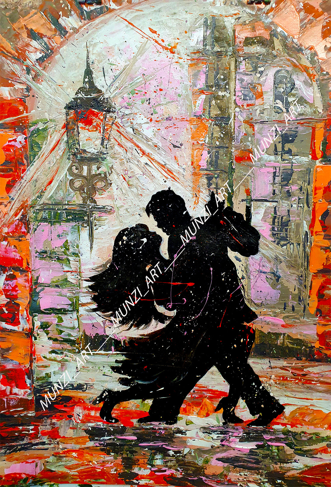 A vibrant artwork featuring silhouetted figures of two dancers in an embracing pose against a background with fiery oranges, soft pinks, and earthy tones, representing a lively dance scene.
Colorful abstract painting of a couple dancing. 
Colorful and sensual movement. Abstract painting. Wall art. Art decor for living room. lounge room. Office decor.
Movement with style. Love of movement and music. Love of dance. Couples dancing. Paint splatter with emotion. Inspiration for design. Interior design.