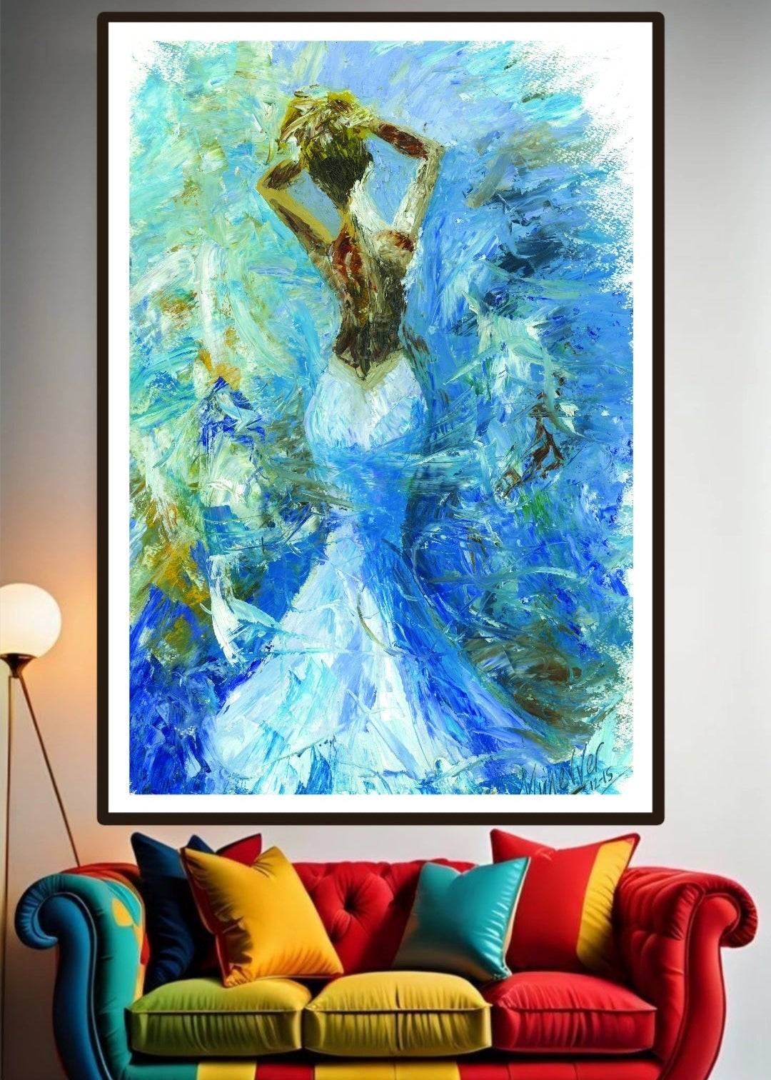 A vibrant piece of artwork featuring a female figure in a flowing open back blue dress, with a background of stormy windswept ocean waves. The colours are predominantly blue and gold, creating a dynamic and emotional scene. Wall artwork, home decor.