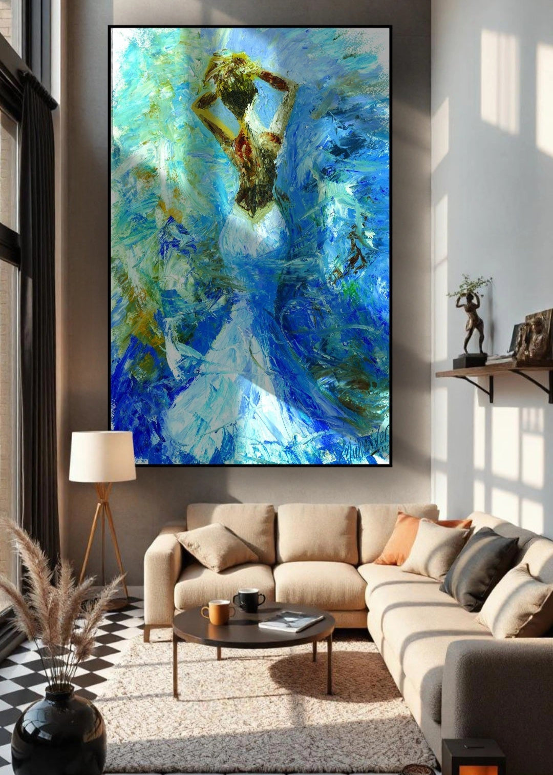 A vibrant piece of artwork featuring a female figure in a flowing open back blue dress, with a background of stormy windswept ocean waves. The colours are predominantly blue and gold, creating a dynamic and emotional scene. Wall artwork, home decor. Set in a modern living room with beige sofas and lap by the window.
