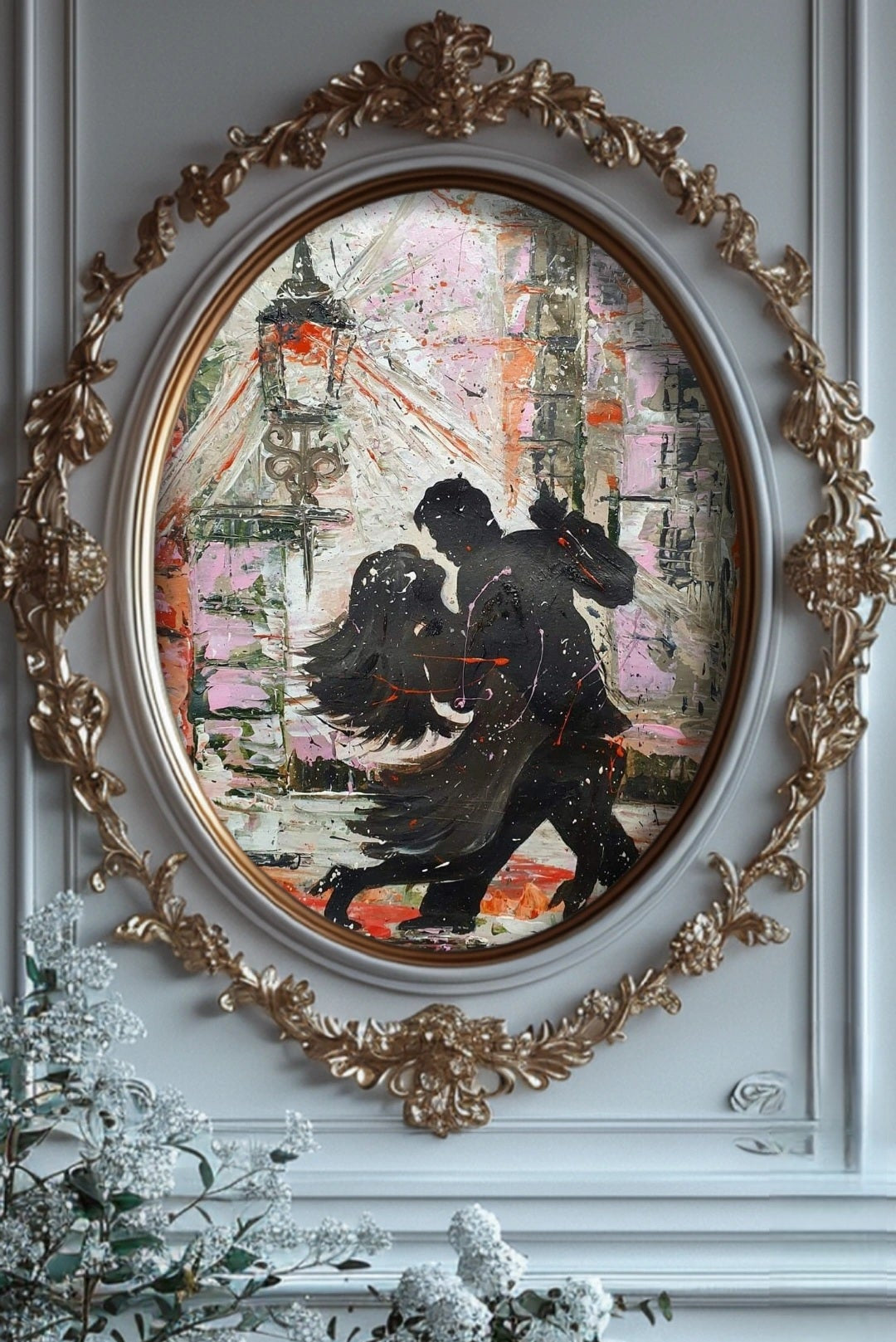 A vibrant artwork featuring silhouetted figures of two dancers in an embracing pose against a background with fiery oranges, soft pinks, and earthy tones, representing a lively dance scene.
Colorful abstract painting of a couple dancing. 
Colorful and sensual movement. Abstract painting. Wall art. Art decor for living room. lounge room. Office decor.
Movement with style. Love of movement and music. Love of dance. Couples dancing. Paint splatter with emotion. Inspiration for design. Interior design.