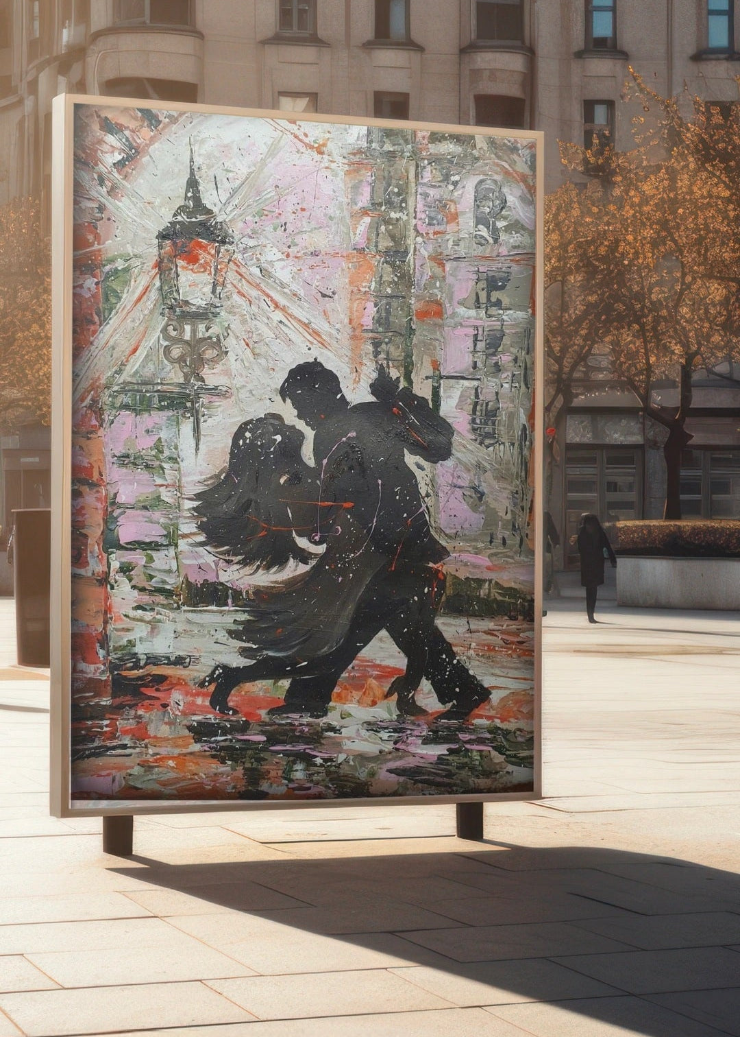 Artistic depiction of a couple's silhouette dancing in a hypnotic movement of love on a city street with a building in the background.
A vibrant artwork featuring silhouetted figures of two dancers in an embracing pose against a background with fiery oranges, soft pinks, and earthy tones, representing a lively dance scene.
Colorful abstract painting of a couple dancing. 
Colorful and sensual movement. Abstract painting. Wall art. Art decor for living room. lounge room. Office decor.
Movement with style. 