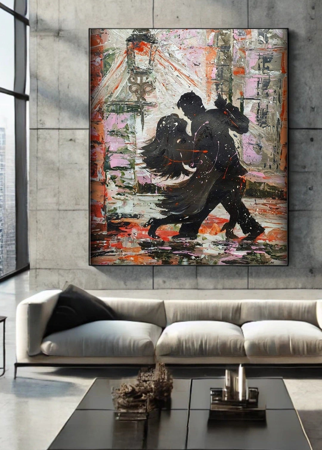 Abstract painting of a couple dancing on a wall above a modern sofa in a stylish living room. Modern artwork to entice movement.
A vibrant artwork featuring silhouetted figures of two dancers in an embracing pose against a background with fiery oranges, soft pinks, and earthy tones, representing a lively dance scene.
Colorful abstract painting of a couple dancing. 
Colorful and sensual movement. Abstract painting. Wall art. Art decor for living room. lounge room. Office decor.