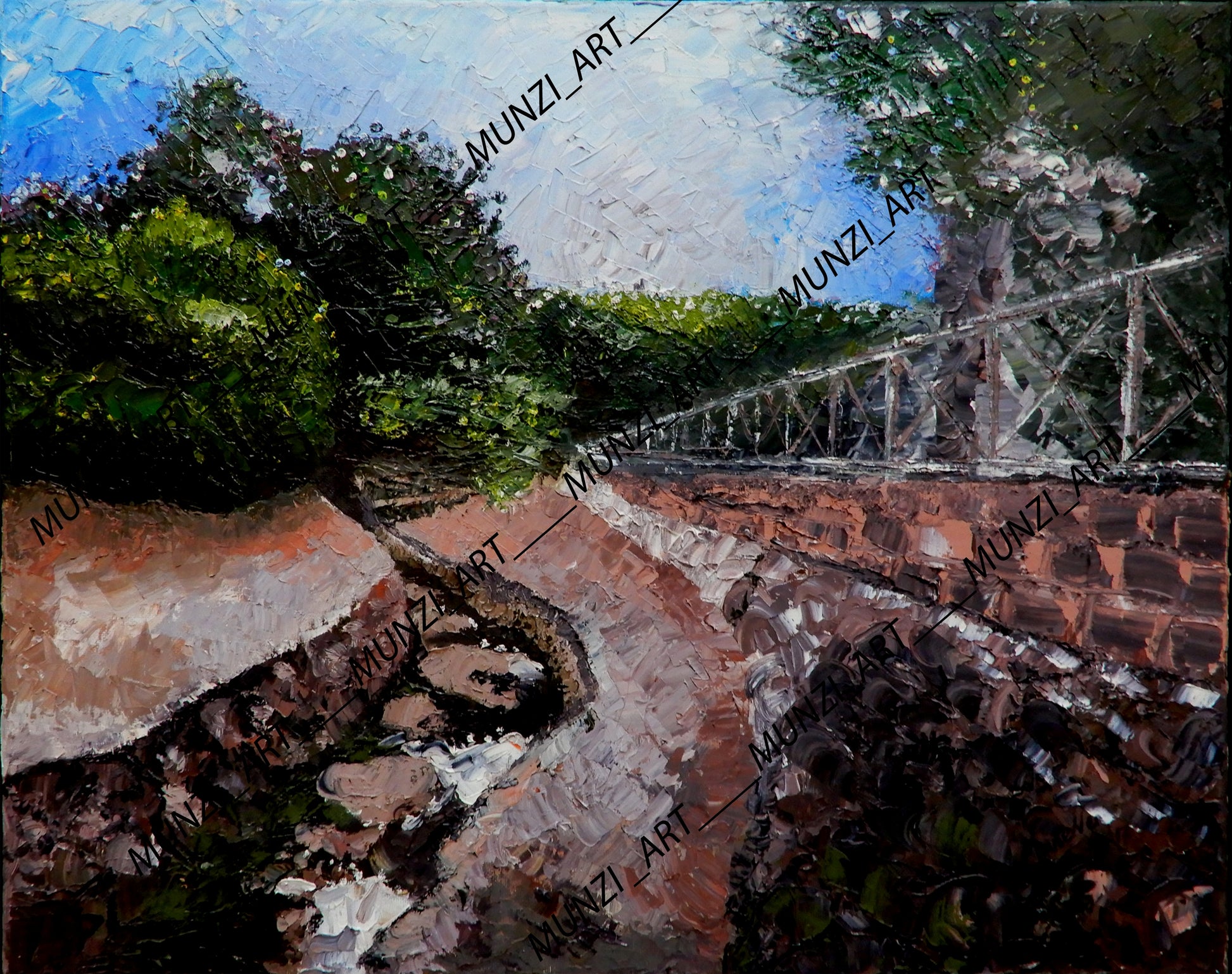 Original painting depicting a historical site with a pathway, stonework, and a stream, reflecting the duality of nature and human history. 
Old town of Port Arthur Tasmania. 
Landscape artwork.
Wall artwork. Home or office decor. Interior design inspiration. Artwork wall art. 
Art collectors. Art sales. 