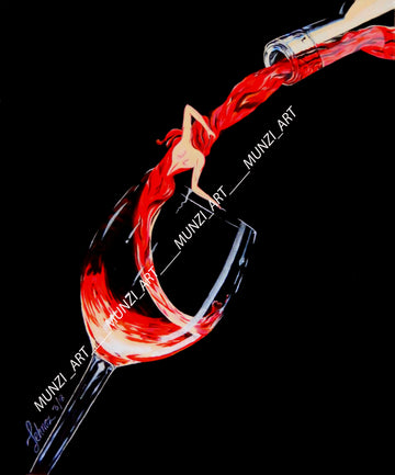An original artwork showing red wine pouring into a wine glass, as the wine swirls around a womans figure appears. Modern art, decor. Contemporary artwork.