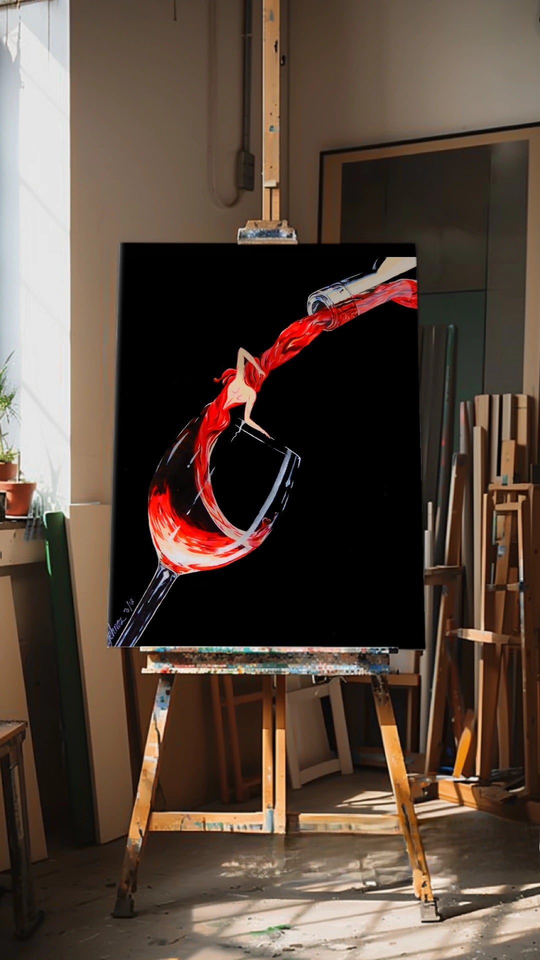 An original artwork showing red wine pouring into a wine glass, as the wine swirls around a womans figure appears. Modern art, decor. Contemporary artwork.