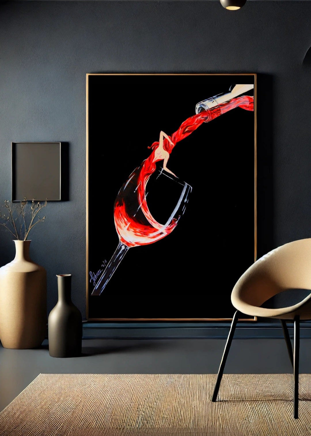 Modern interior with a large abstract painting of a red wine glass on a dark wall. In an office setting with beige chair and carpet.