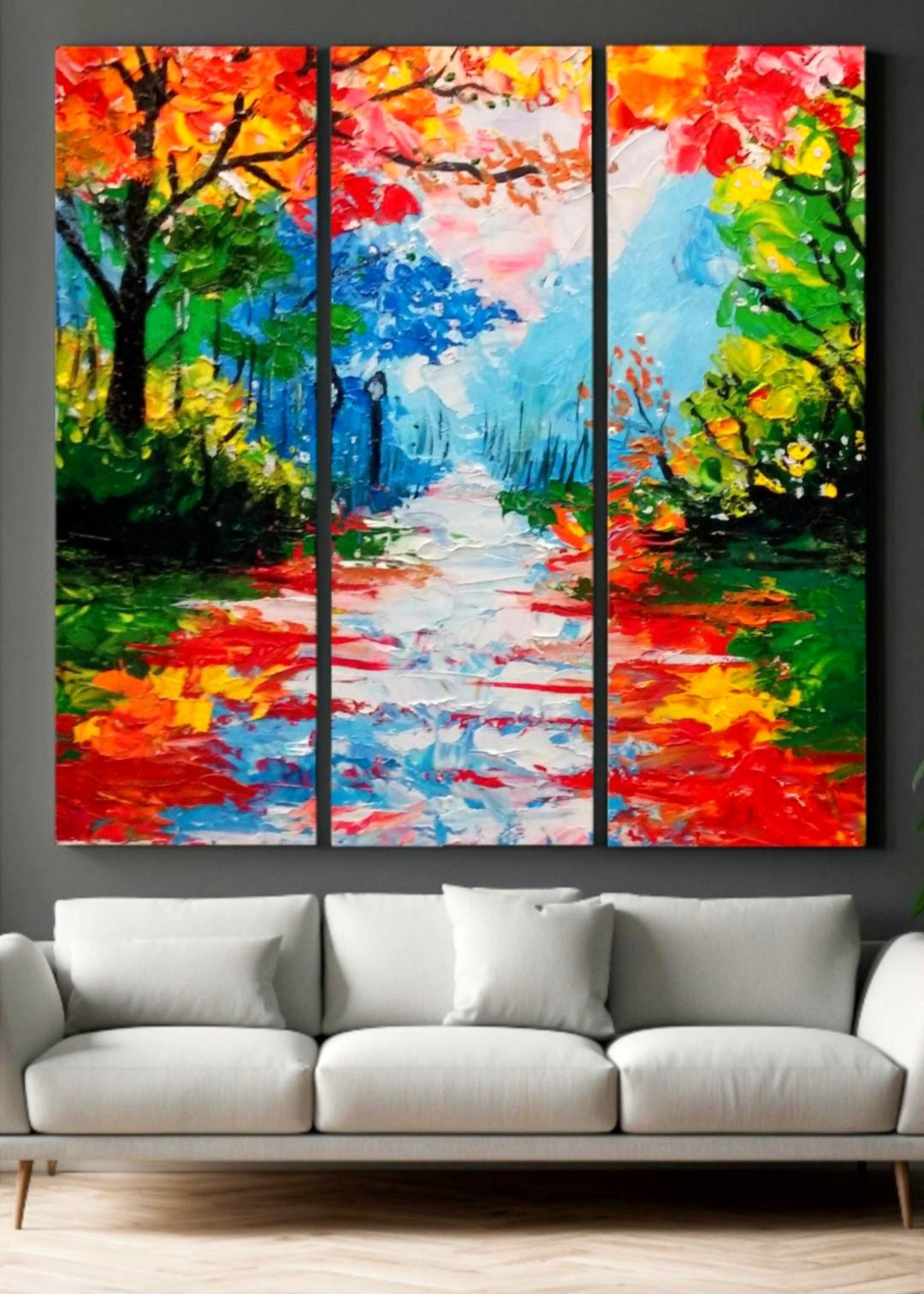 An original abstract painting of red, blue trees lining a pathway lit up by organic street lamps. Bold pallet knife and brush strokes. Home decor. Wall art and art collectors.