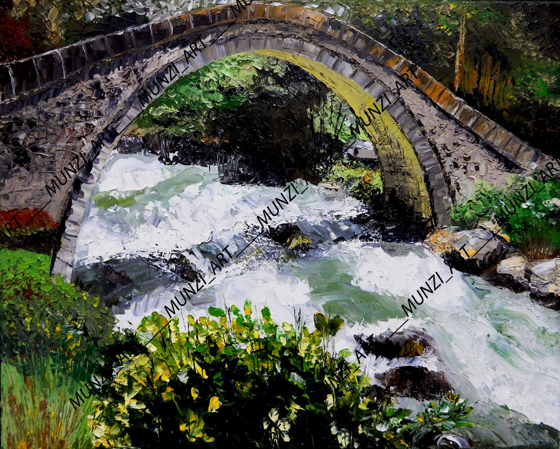Original painting featuring a bridge over a flowing river, with lush greenery and a mist-covered valley in the background. Old bridge in Turkiye. 
Landscape artwork.
Wall artwork. Home or office decor. Interior design inspiration. Artwork wall art. 
Art collectors. Art sales. 
