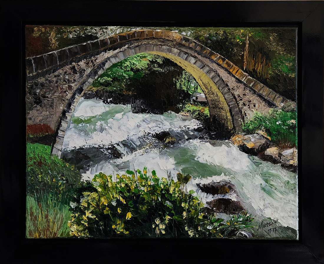 Original painting featuring a bridge over a flowing river, with lush greenery and a mist-covered valley in the background. Old bridge in Turkiye. 
Landscape artwork.
Wall artwork. Home or office decor. Interior design inspiration. Artwork wall art. 
Art collectors. Art sales. 