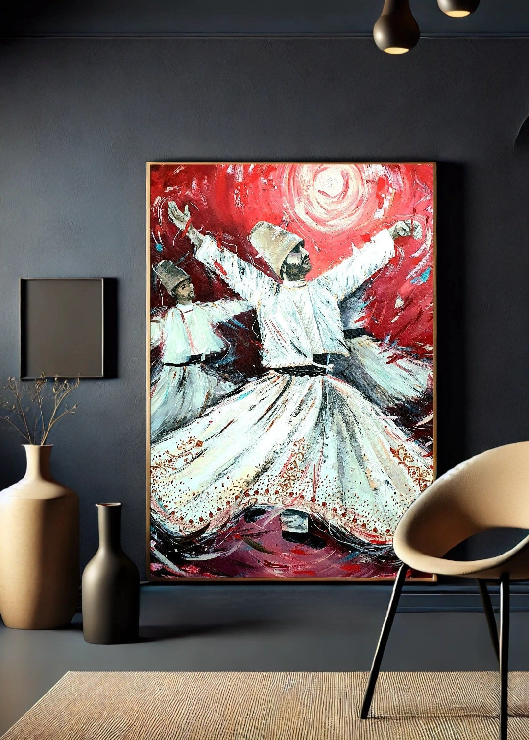 A vibrant visual artwork featuring two figures in white traditional clothing whirling against a dynamic red background, expressive of the described spiritual and artistic inspirational dance of Rumi. The whirling Dervishes spinning around in a trance like meditation. Set in a study room with beige colour seat and carpet