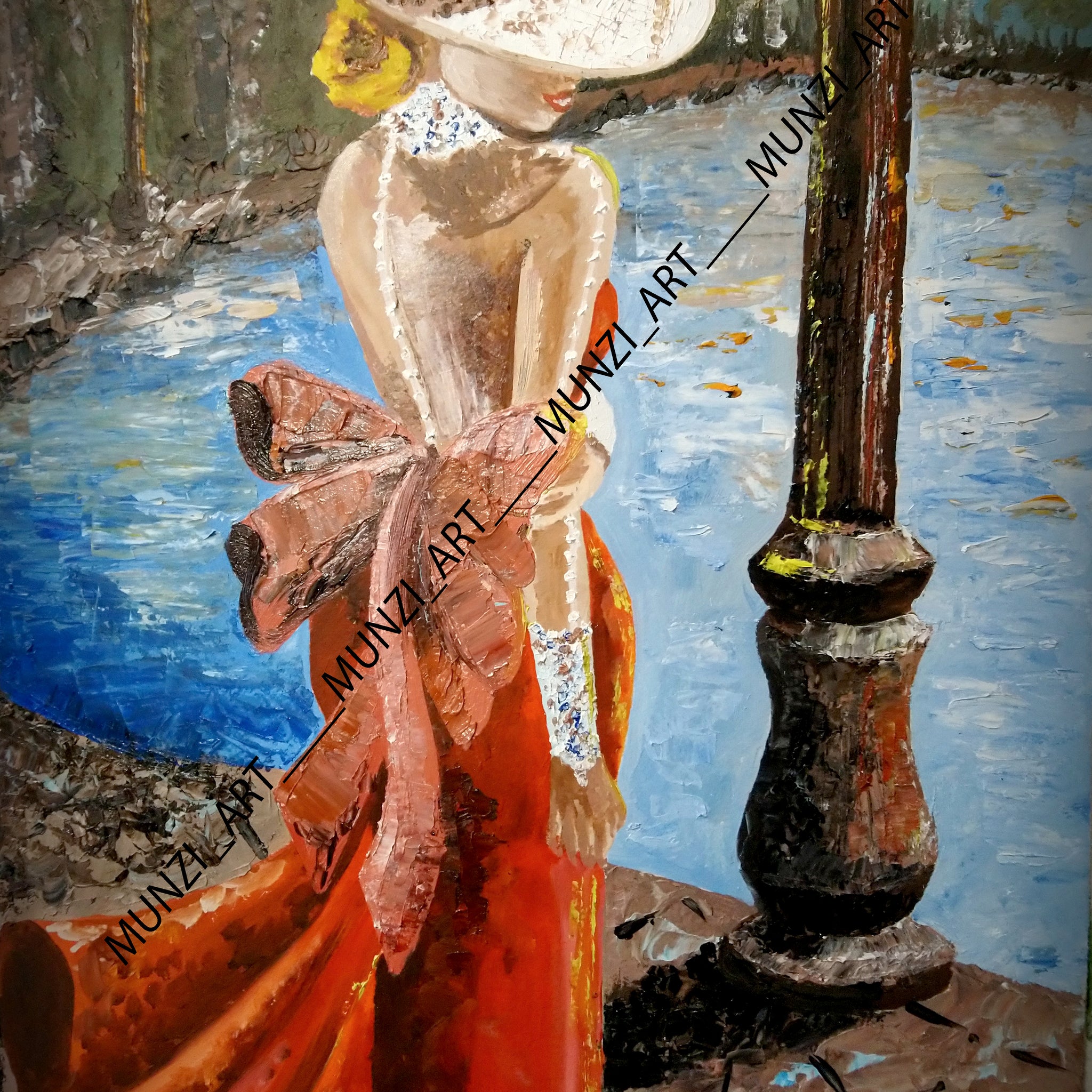 A painting featuring a woman in a red dress with a white hat, standing near a lamp post with a body of water and a dark sky in the background. Wall art and home or office decor.