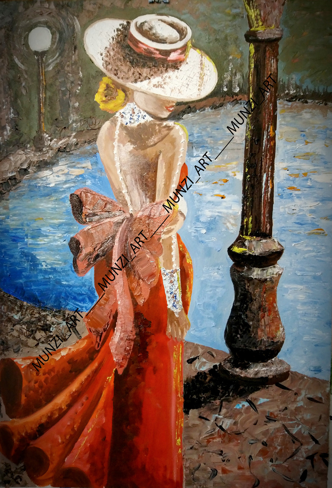 A painting featuring a woman in a red dress with a white hat, standing near a lamp post with a body of water and a dark sky in the background. Wall art and home or office decor.