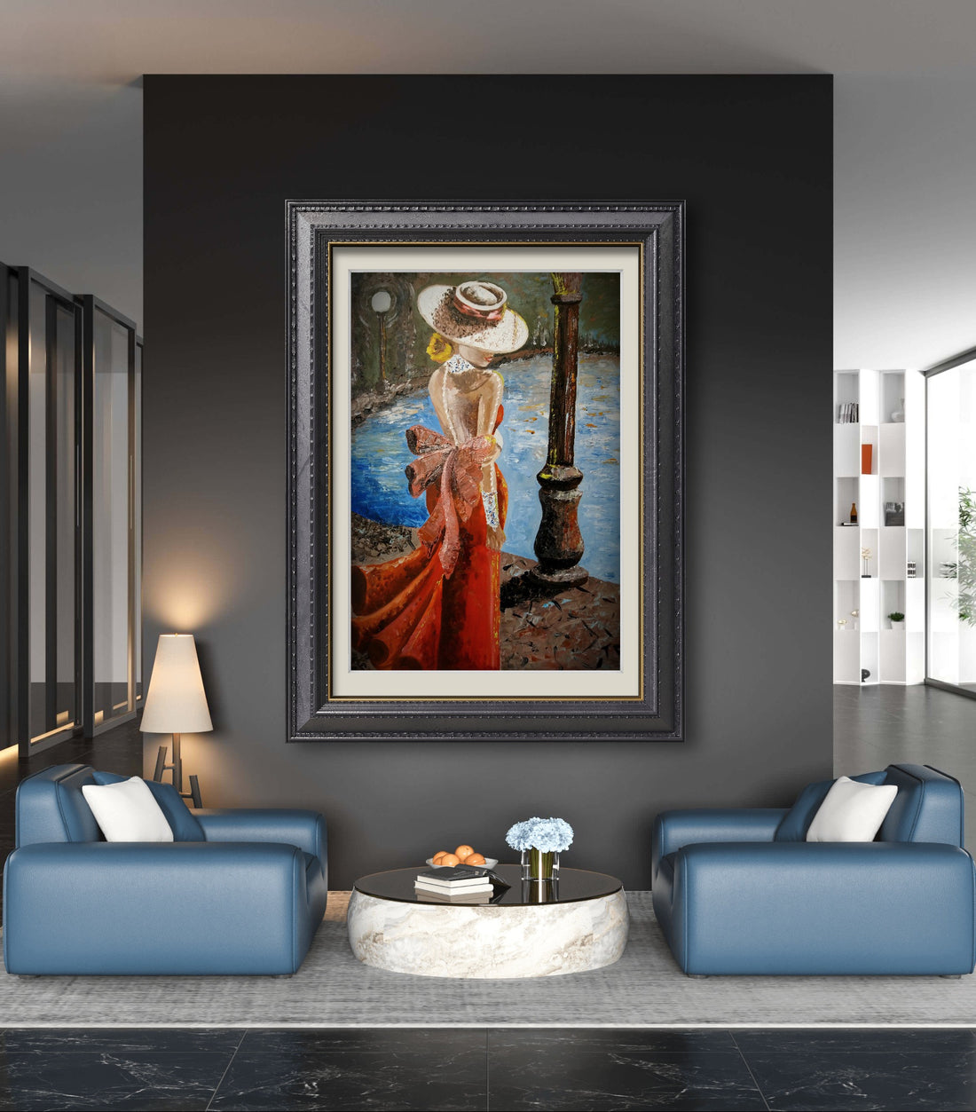 A painting featuring a woman in a red dress with a white hat, standing near a lamp post with a body of water and a dark sky in the background. Wall art and home or office decor.