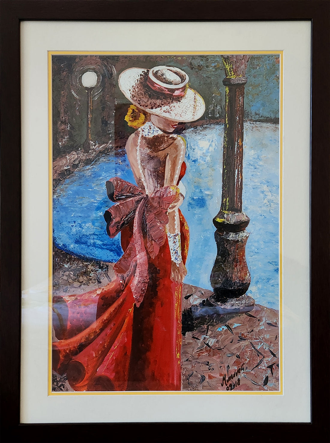 A painting featuring a woman in a red dress with a white hat, standing near a lamp post with a body of water and a dark sky in the background. Wall art and home or office decor.