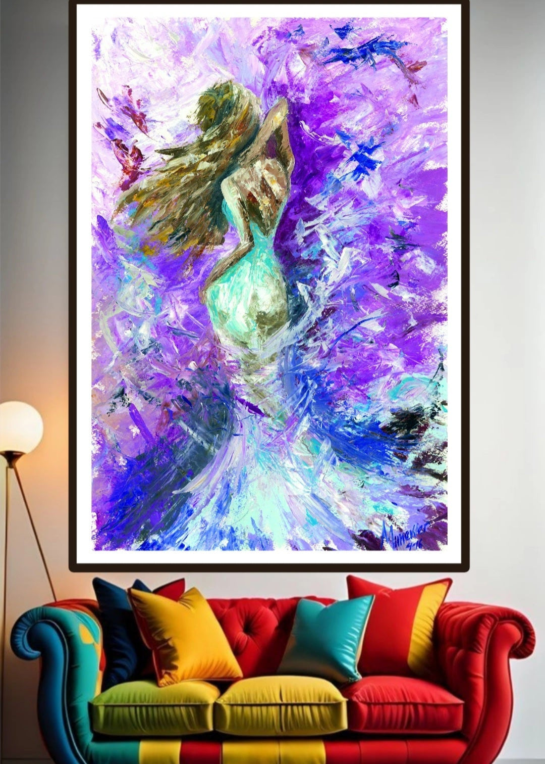 Colorful abstract painting on a wall above a multicolored sofa. An abstract artwork featuring a women wearing an blue, white dress with an open back. Swirling purples and cool tones with violet palette knife strokes and impasto technique. Home decor and wall artwork.