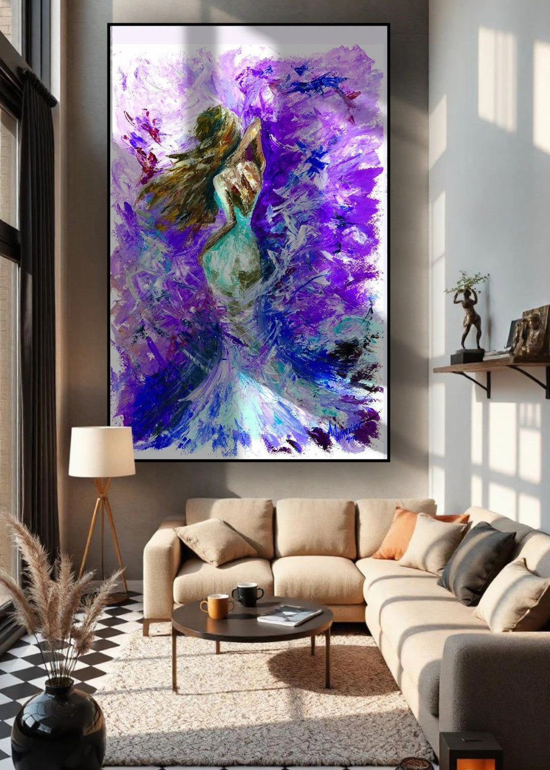 Living room with a large abstract painting on the wall, a beige sectional sofa, and decorative elements. An abstract artwork featuring a women wearing an blue, white dress with an open back. Swirling purples and cool tones with violet palette knife strokes and impasto technique. Home decor and wall artwork.