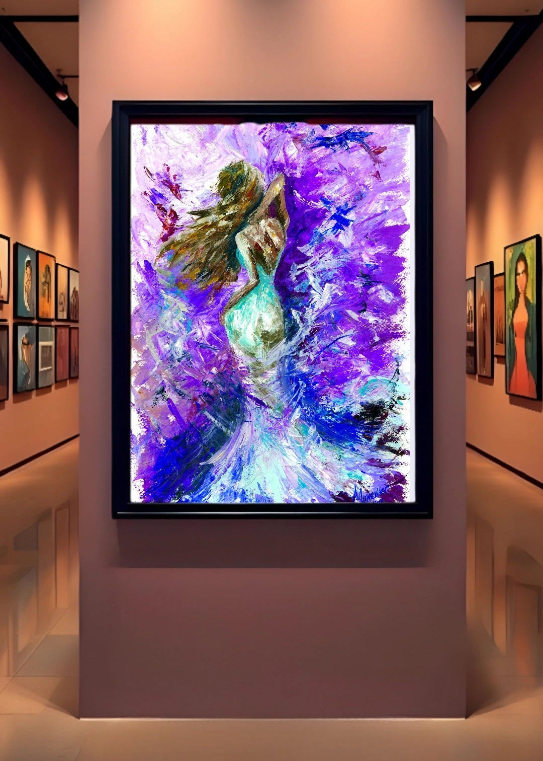 Colorful abstract painting in a gallery setting. An abstract artwork featuring a women wearing an blue, white dress with an open back. Swirling purples and cool tones with violet palette knife strokes and impasto technique. Home decor and wall artwork.