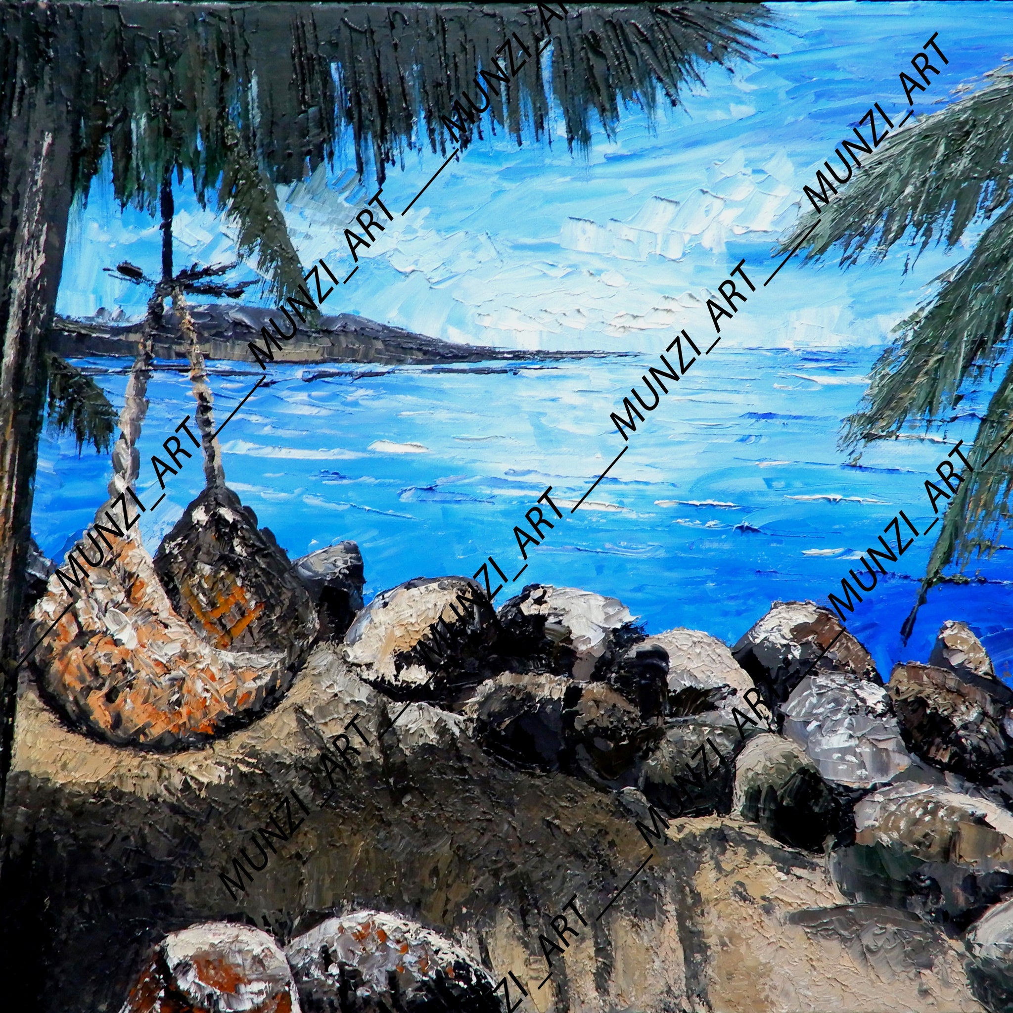 Original painting depicting a tropical scene with a woven hammock under palm fronds, with the ocean and rocks in the background. Blue beach water. Distant sunny horizon.
Wall artwork. Home or office decor. Interior design inspiration. Artwork wall art. 
Art collectors. Beach scenes in Fiji islands
